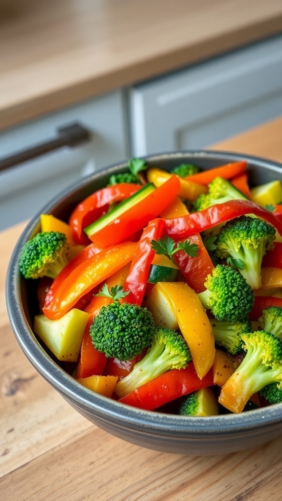 A bowl of crispy air-fried vegetable medley with bell peppers, zucchini, and broccoli, garnished with parsley.